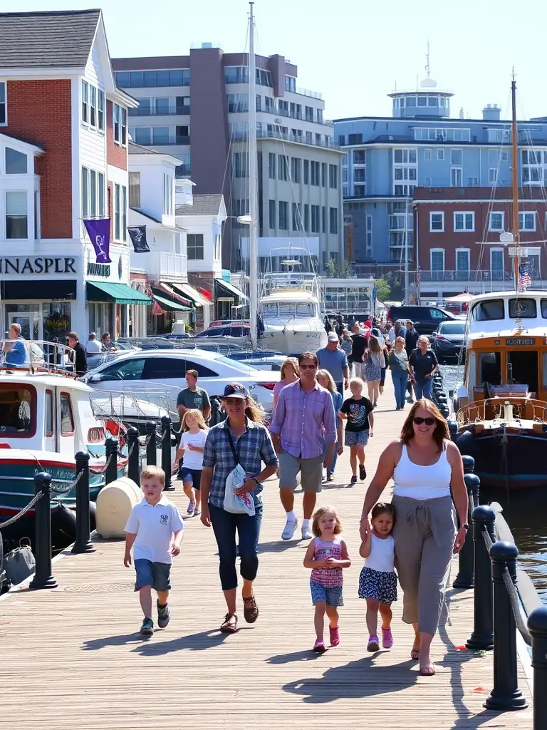 A vibrant image of the Annapolis City Dock, showcasing unique boutiques and shops with families strolling and enjoying the waterfront atmosphere.