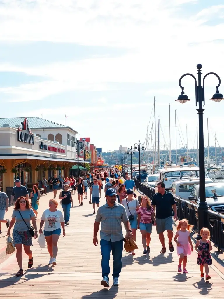 A lively image of the National Harbor, showcasing various shops and entertainment options with families enjoying the waterfront views.