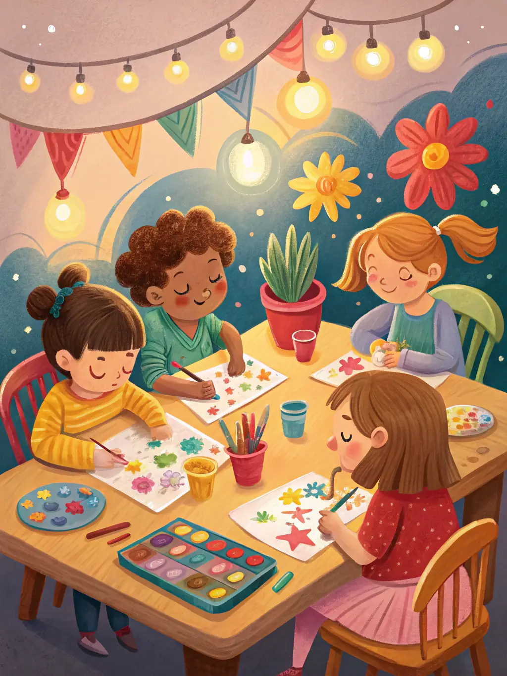 A colorful image depicting children engaged in a hands-on art project at a local community center in DC, surrounded by paintbrushes, paper, and other art supplies.