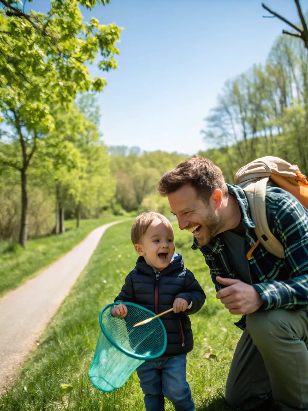 A vibrant photograph capturing a family laughing together while participating in an outdoor scavenger hunt in a Maryland state park, with lush greenery and playful expressions.