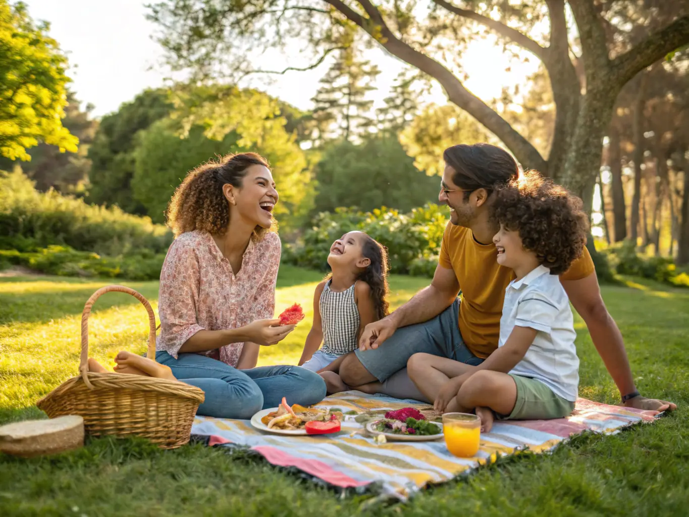 A vibrant image of a family laughing and enjoying a picnic in a park in Maryland, showcasing the joy and connection that FunlandMaryland aims to facilitate.