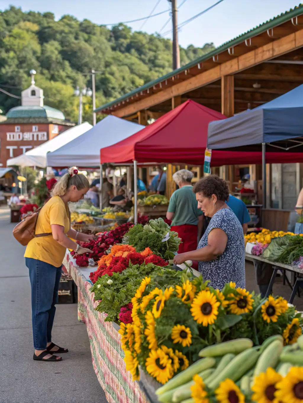 An inviting image of a local farmers market in Maryland, featuring fresh produce, artisanal goods, and families enjoying the outdoor atmosphere.