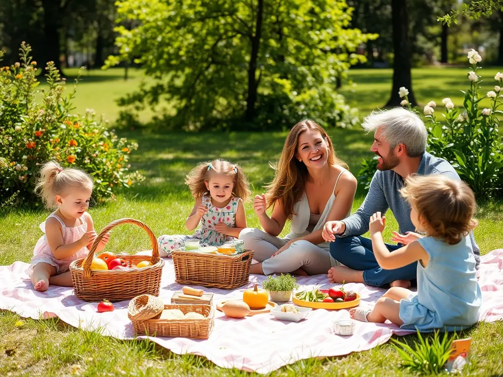 A charming photo of a family enjoying a picnic in a park, with a basket filled with sandwiches, fruits, and other goodies. The park is lush and green, with plenty of space for kids to run around and play.