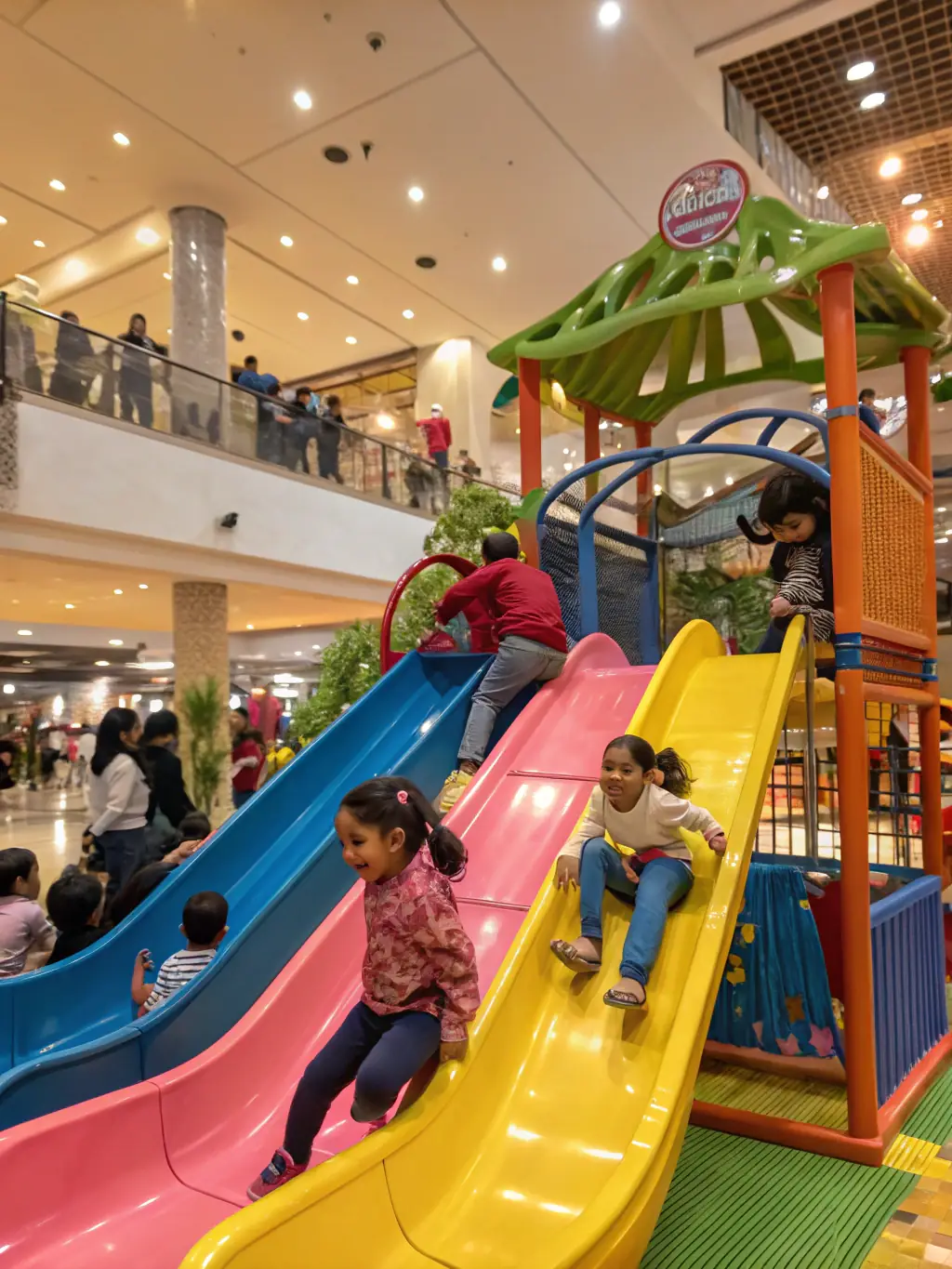 A colorful photo of the Westfield Montgomery Mall's interior, highlighting family-friendly stores and play areas.