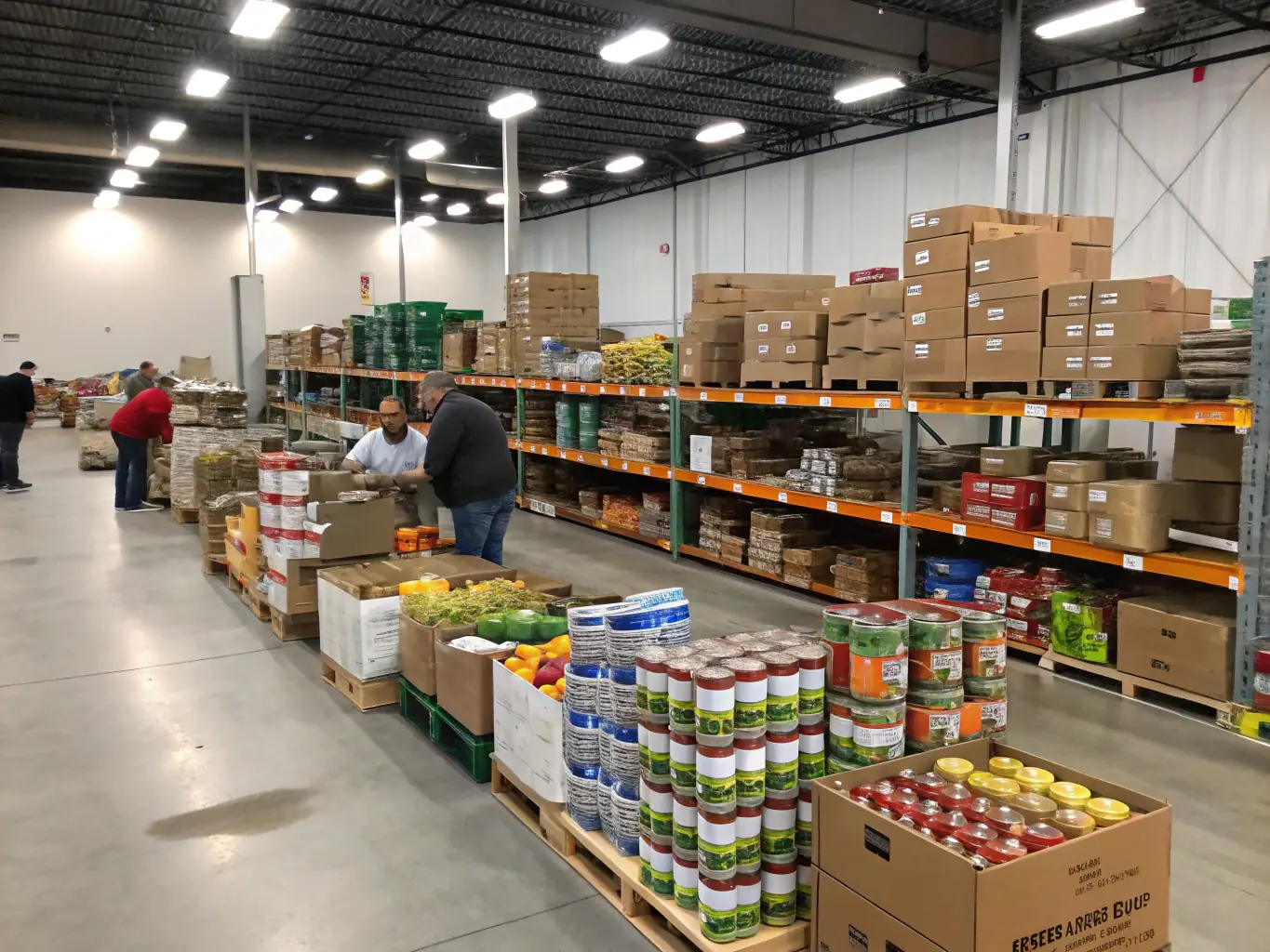 A bright and welcoming image of a community food bank in DC, showcasing fresh produce and volunteers assisting families.