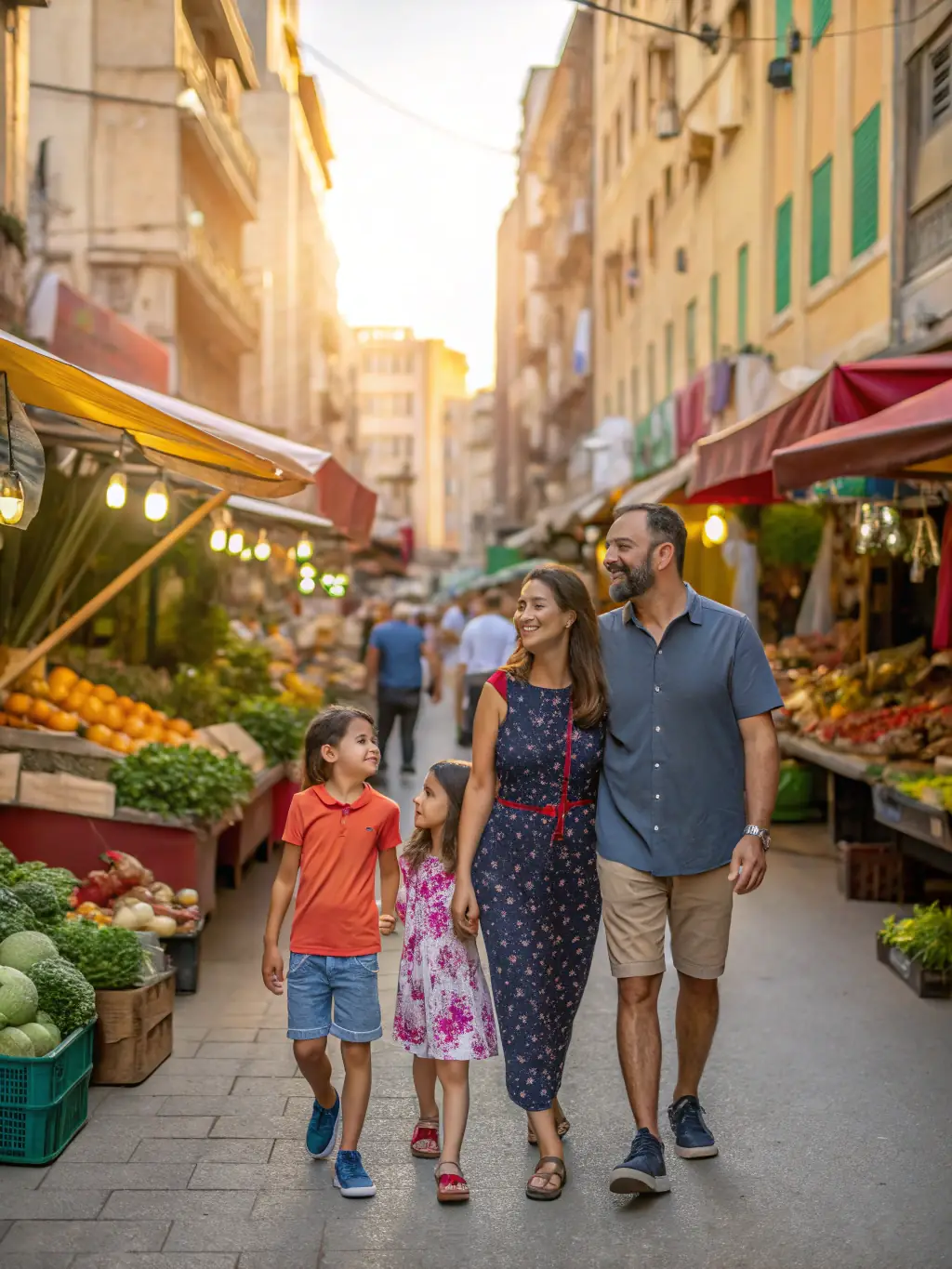 A colorful photo of the Eastern Market in DC, featuring local vendors selling crafts, toys, and artisanal goods, with families browsing the stalls.