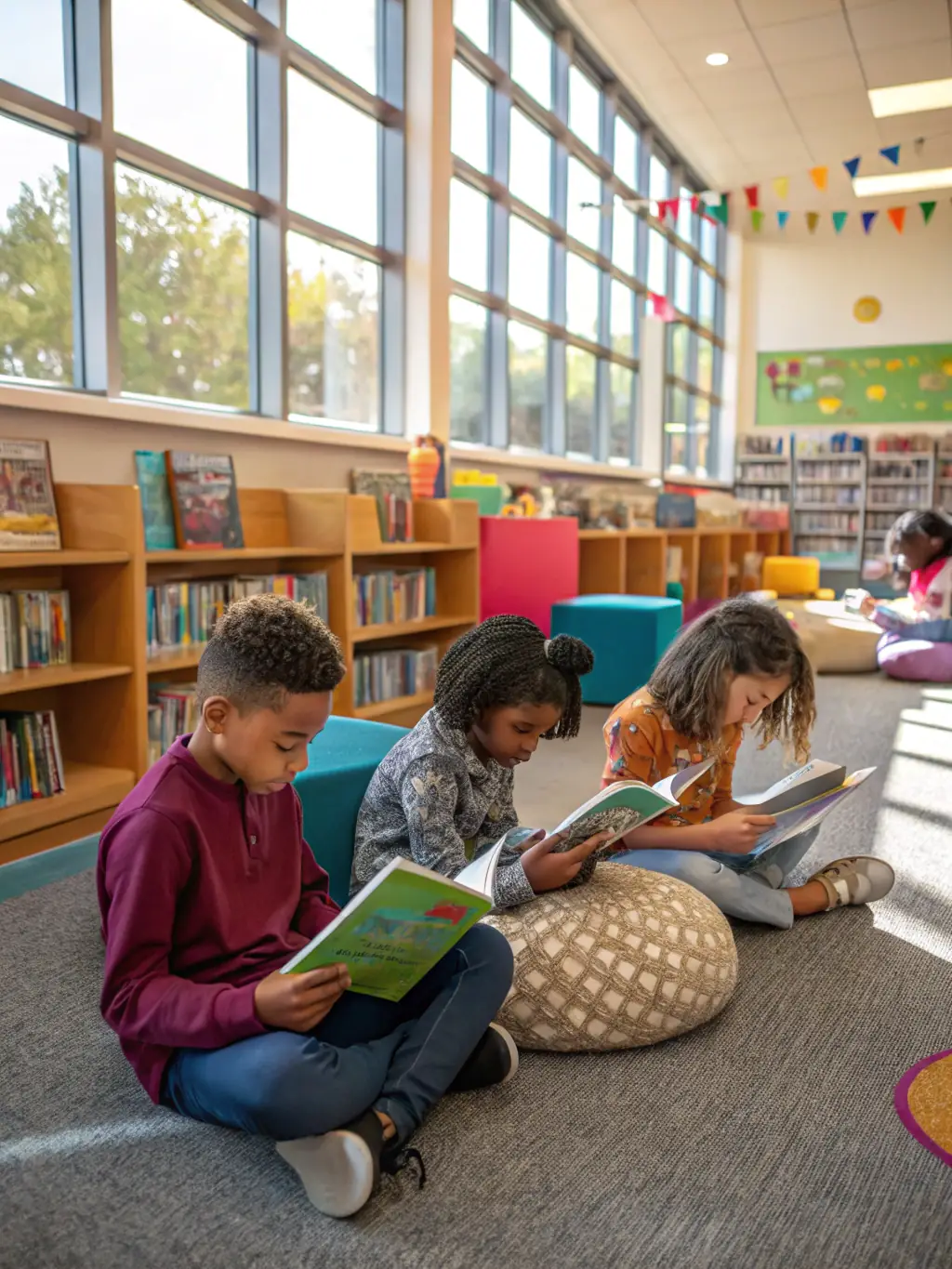 A cozy image of a bookstore in Bethesda, Maryland, with families browsing books and children participating in a storytime session.