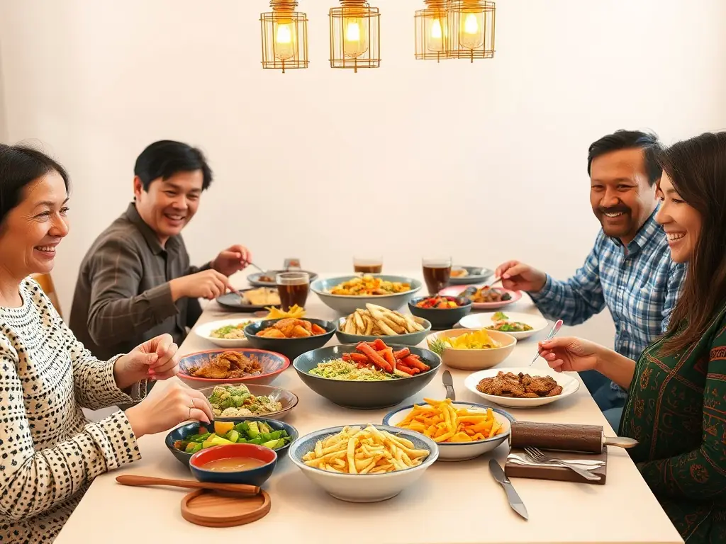 A vibrant photograph capturing a family happily seated at an outdoor restaurant table, enjoying a meal together. The restaurant has a cheerful and welcoming atmosphere, with colorful decorations and friendly staff.