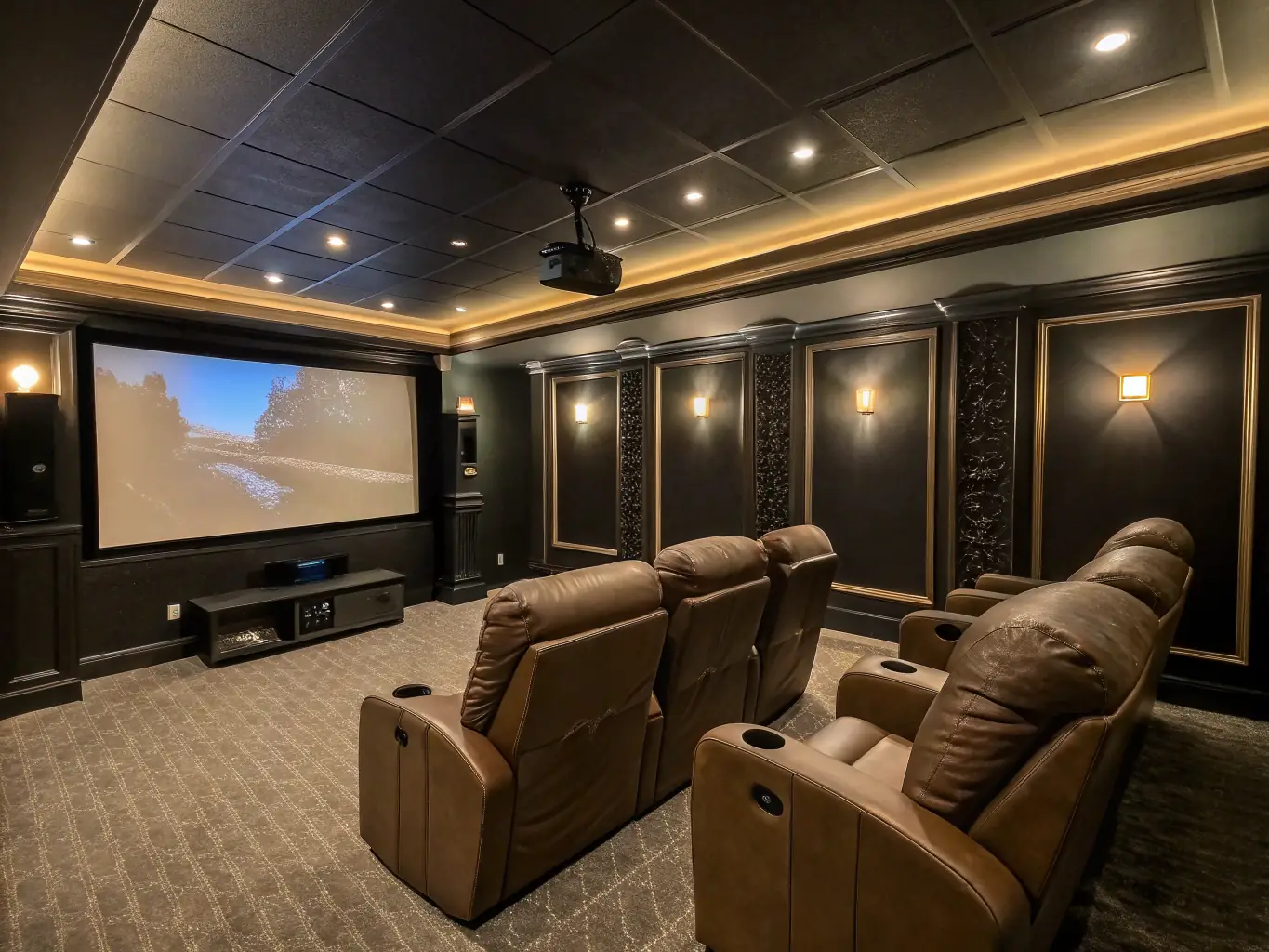 A luxurious home theater setup with comfortable seating, a large screen, and professional-grade audio equipment, designed by a Maryland-based designer.