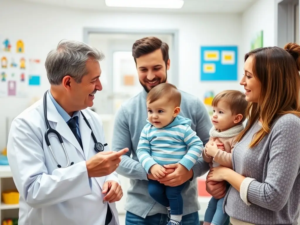 An image of a modern, family-friendly clinic in Maryland, with a doctor interacting with a child and their parent.