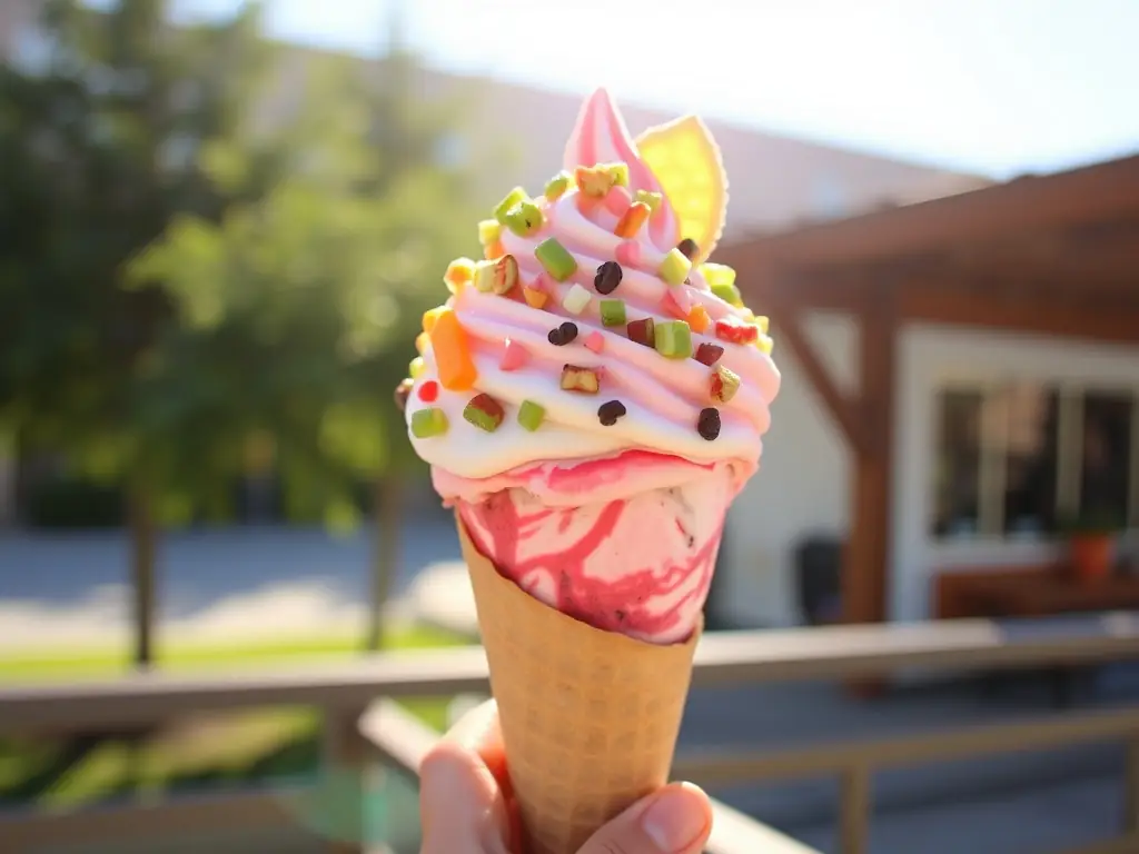 A delightful image of children with ice cream cones, their faces lit up with joy. The ice cream shop is brightly colored and inviting, with a wide variety of flavors on display.